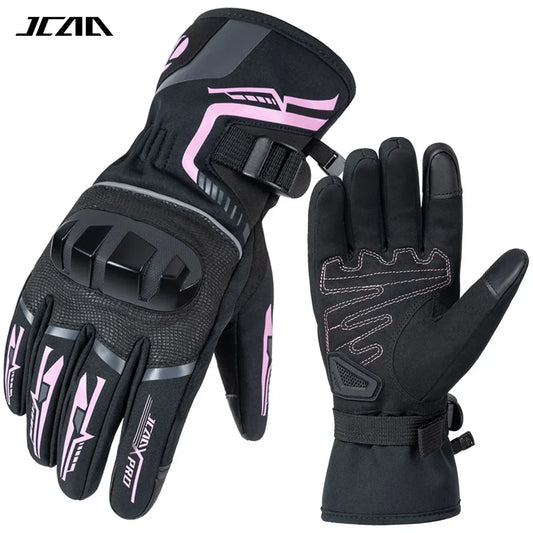 Black and pink winter motorcycle gloves with knuckle protection and adjustable wrist straps