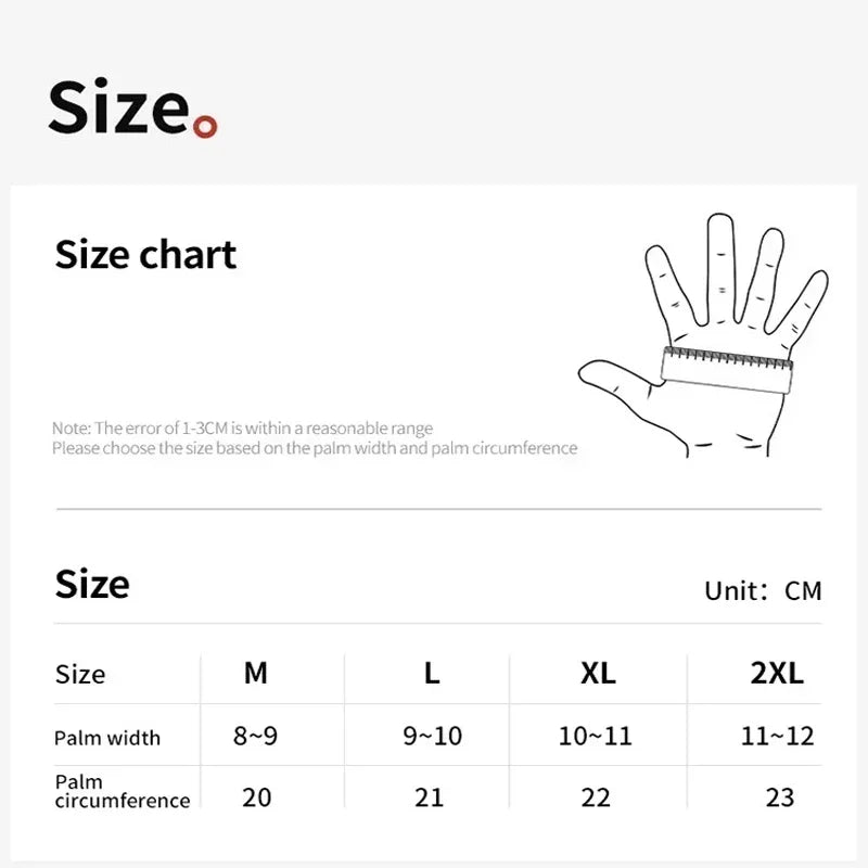 Motorcycle gloves size chart with palm width and circumference measurements in cm.
