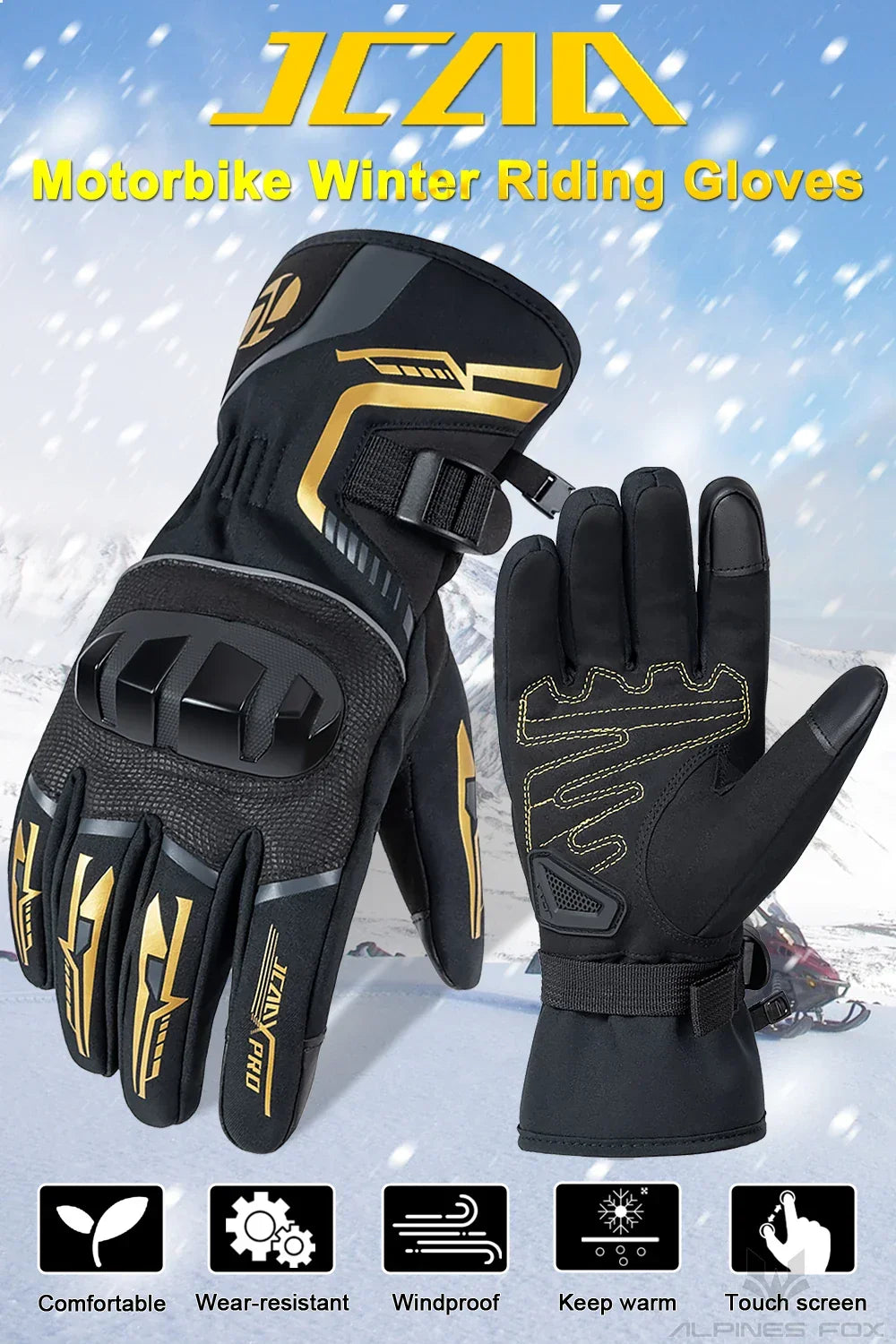 Black and gold winter motorbike riding gloves, windproof and touch screen compatible, snow background