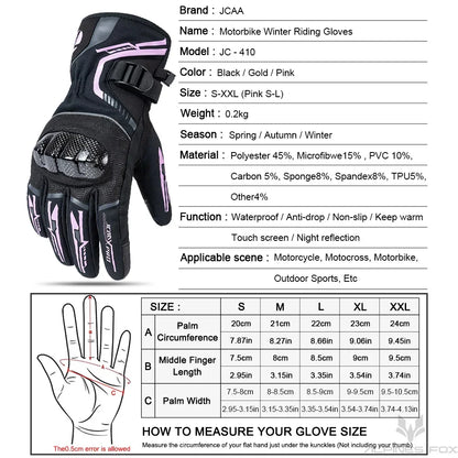 Black and pink motorbike winter riding glove with protective knuckle armor, size chart, material details.