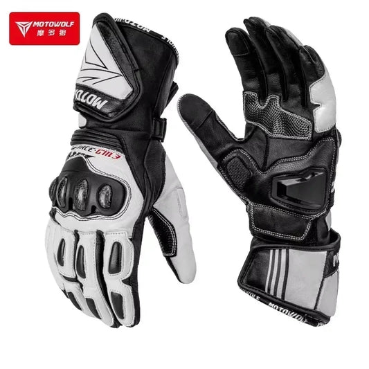 Black and white motorcycle gloves with protective knuckle armor, winter riding gear