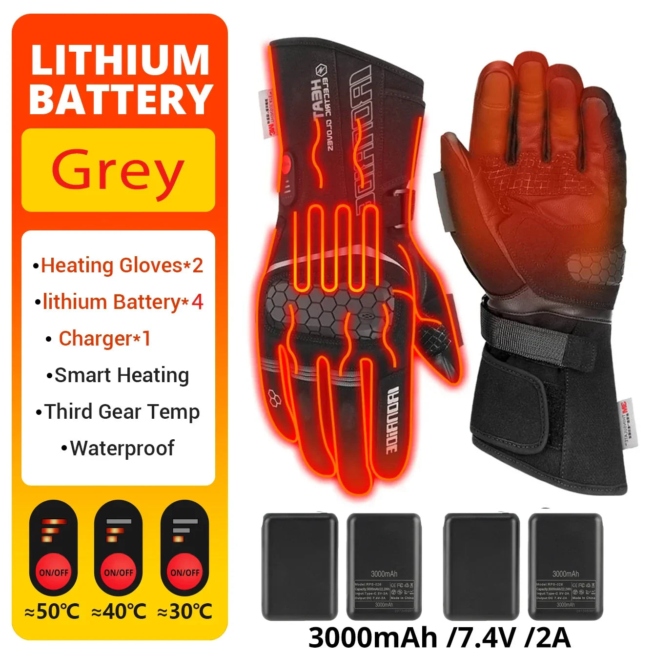 Grey heated motorcycle gloves with lithium batteries, smart heating, waterproof, three temperature settings