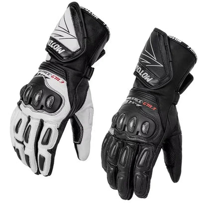 Black and white motorcycle gloves with reinforced knuckles and protective padding