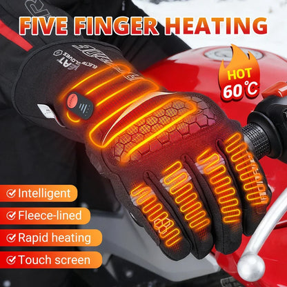 Heated motorcycle glove with five-finger heating on bike handle, fleece-lined, rapid heating, touch screen compatible