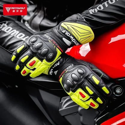 Motorcyclist wearing black and yellow protective motorcycle gloves on red bike