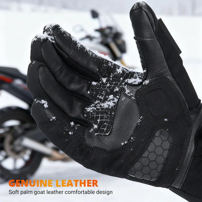 Genuine leather motorcycle glove with snow, winter riding gear, close-up palm view