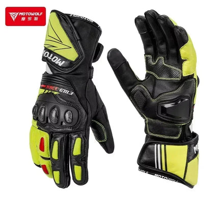 Black and yellow motorcycle gloves with protective knuckle guards and reinforced palms