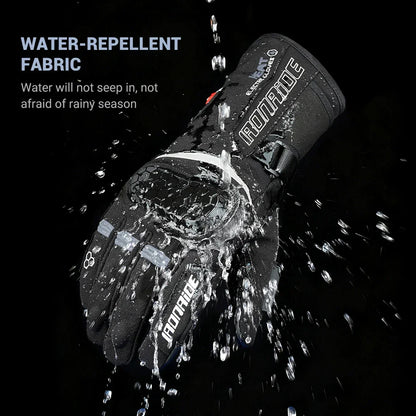 Waterproof motorcycle glove with protective knuckle, water-repellent fabric, black background