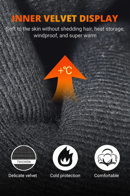 Close-up of thick inner velvet fabric with icons and text highlighting warmth, comfort, and windproof cold protection for motorcycle clothing.