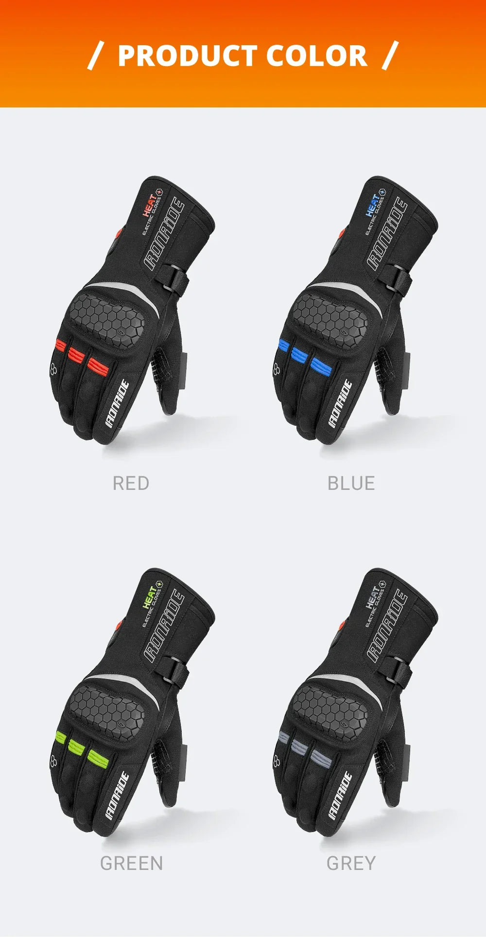 Heated motorcycle gloves in black with red, blue, green, and grey accents, adventure gear