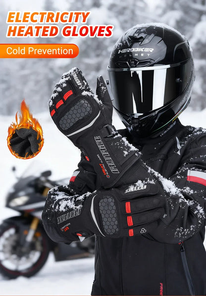 Motorcyclist in winter gear wearing electricity heated gloves with snow and motorcycle background