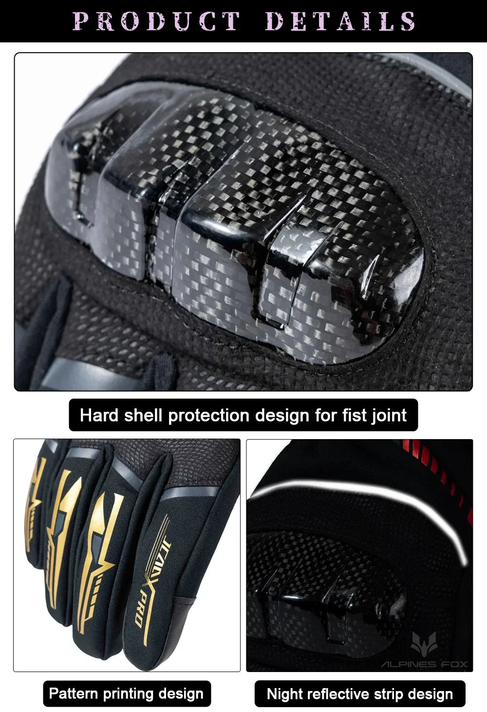 Motorcycle glove with hard shell knuckle protection, gold pattern print, and night reflective strip.