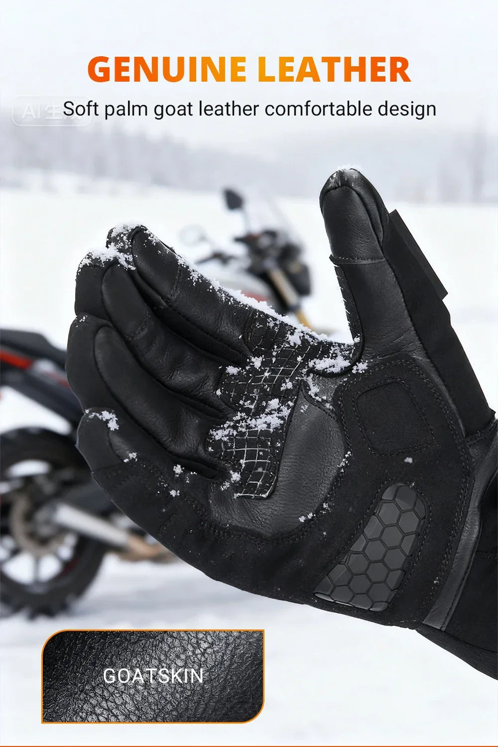 Black goatskin leather motorcycle glove with snow, winter motorbike in background