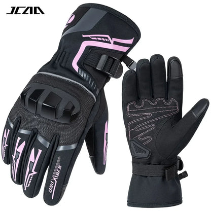 Black and pink winter motorcycle gloves with knuckle protection and adjustable wrist straps