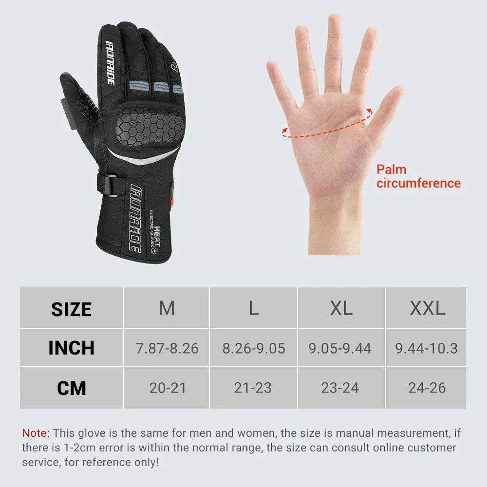 Heated motorcycle glove with sizing chart, palm circumference guide, and measurement table for adventure riders.