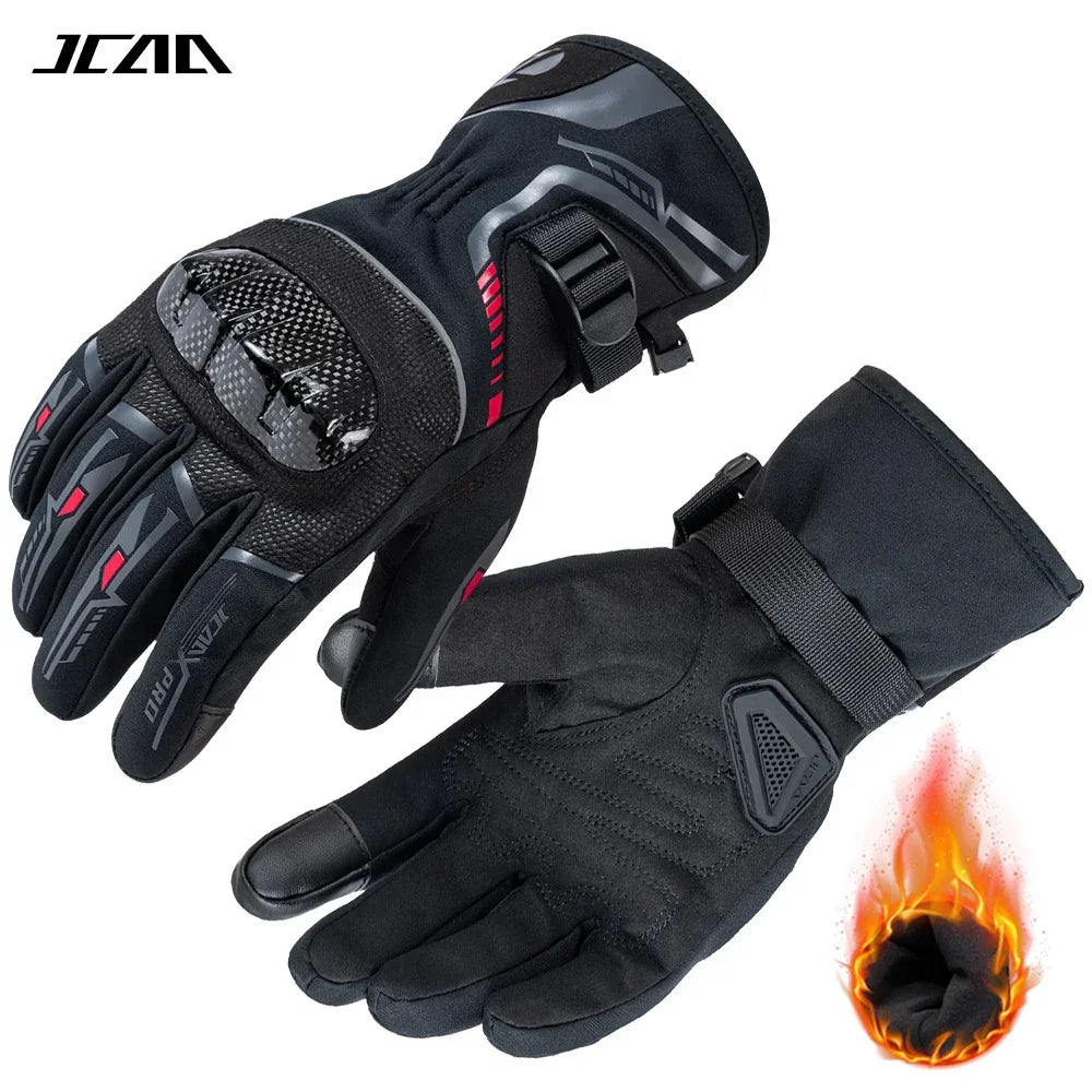Black and red winter motorcycle gloves with knuckle protection and flame symbol.