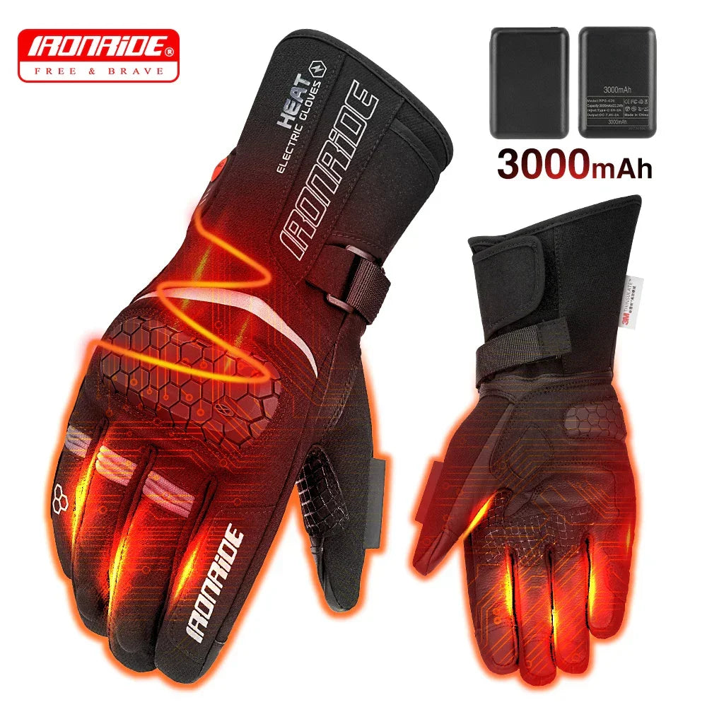 Heated motorcycle gloves with protective knuckle padding and 3000mAh battery for cold weather riding