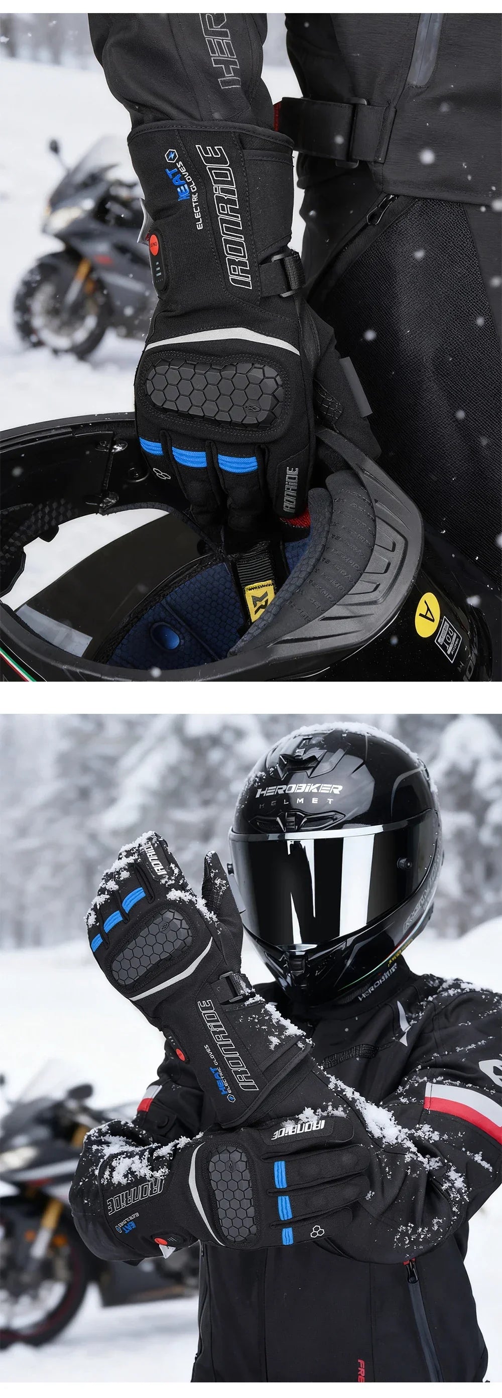 Heated motorcycle gloves with protective knuckle armor in snowy winter riding setting