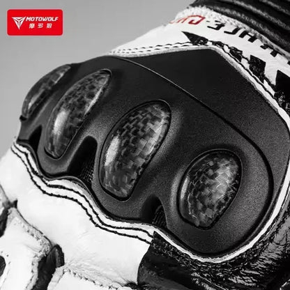 Close-up of black and white motorcycle glove with carbon fiber knuckle protection