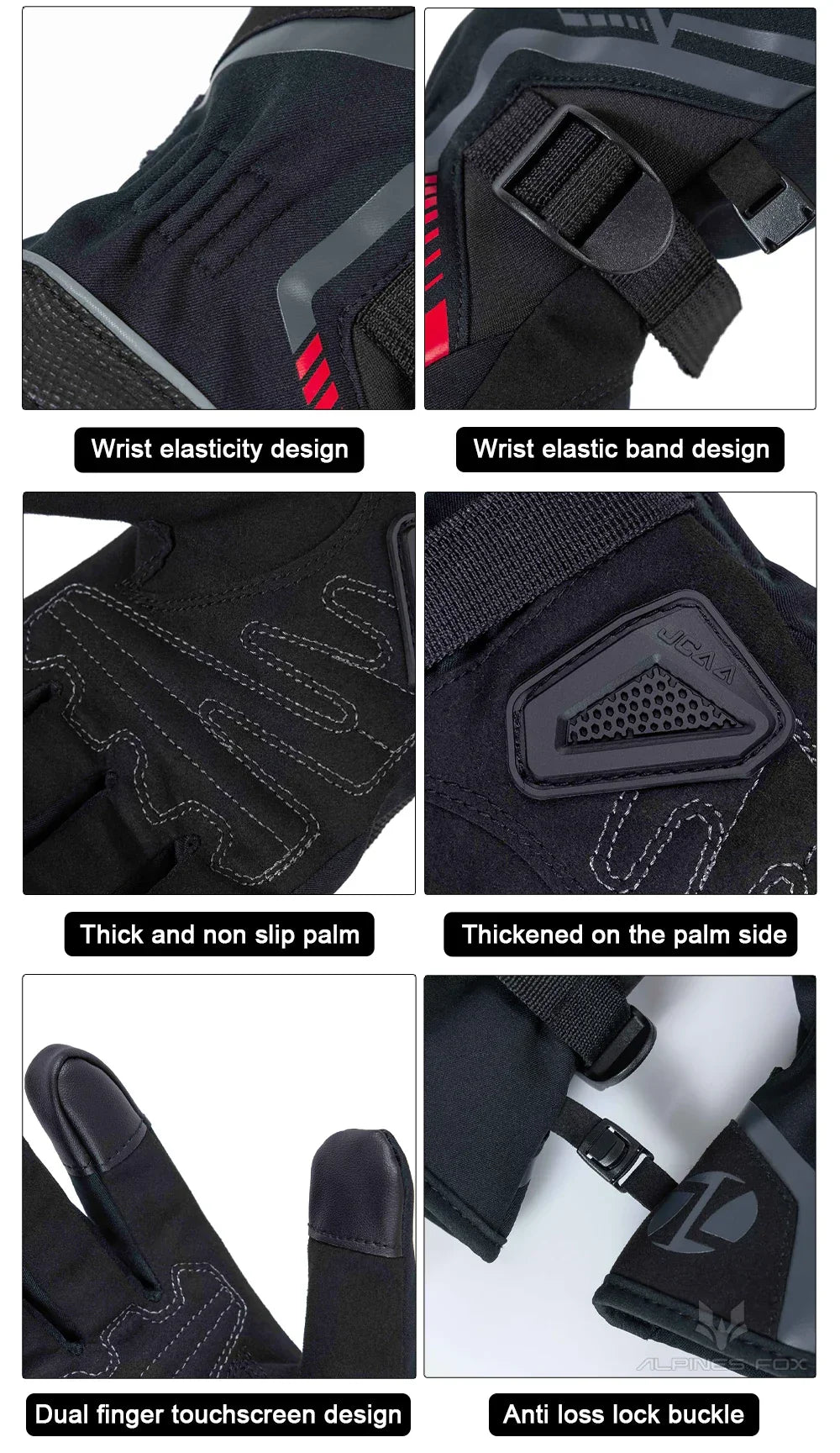 Black motorcycle gloves with touchscreen fingertips, elastic wrist, anti-slip palm, and safety buckle