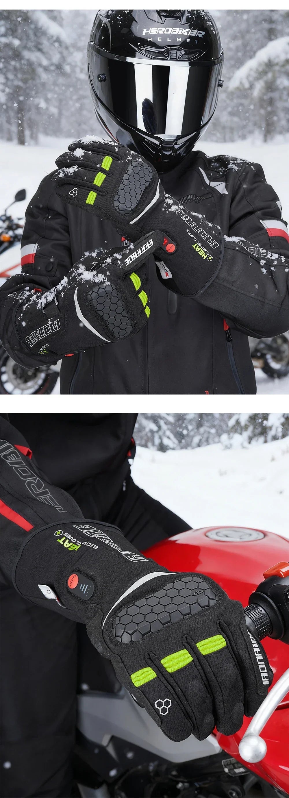 Heated winter motorcycle gloves with green accents, worn by rider in snowy outdoor setting