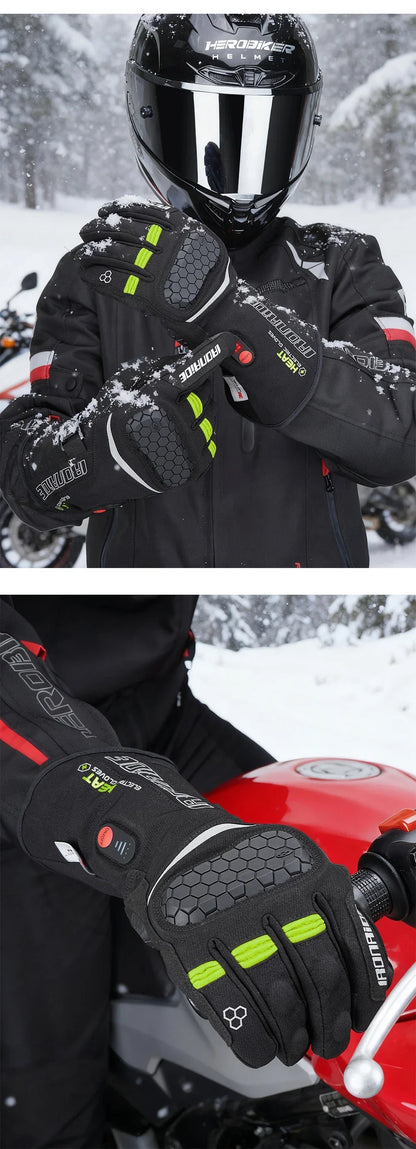 Heated winter motorcycle gloves with green accents, worn by rider in snowy outdoor setting