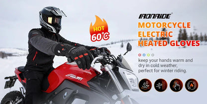 Motorcyclist in winter gear riding red bike, wearing electric heated gloves in snowy landscape