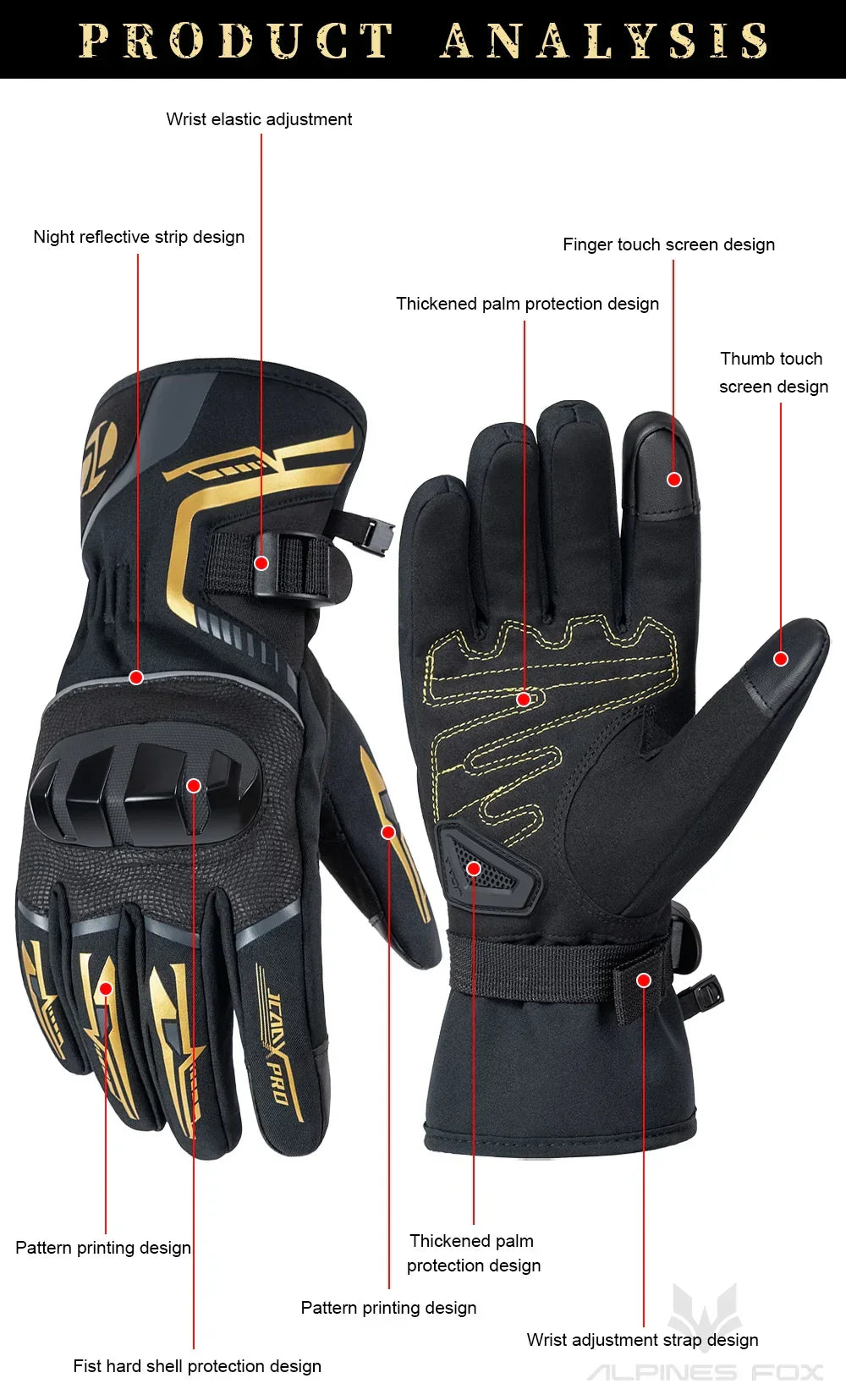 Black motorcycle gloves with yellow accents, touchscreen fingers, hard shell protection, reflective strips, thickened palm, and wrist adjustment straps.