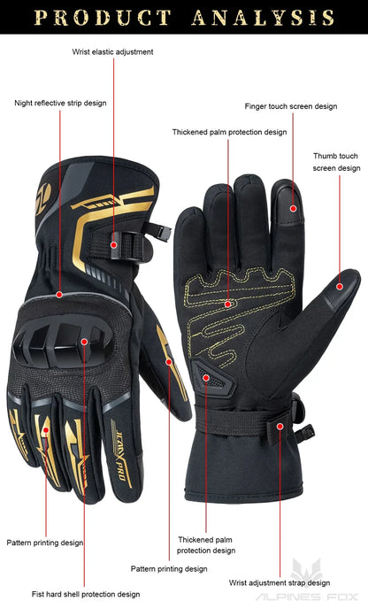 Black motorcycle gloves with yellow accents, touchscreen fingers, hard shell protection, reflective strips, thickened palm, and wrist adjustment straps.